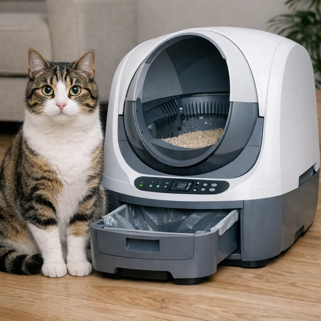 automatinė kraiko dėžė ir katinas