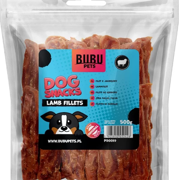 BUBU PETS šunų skanėstai – avienos filė juostelės, 500 g.