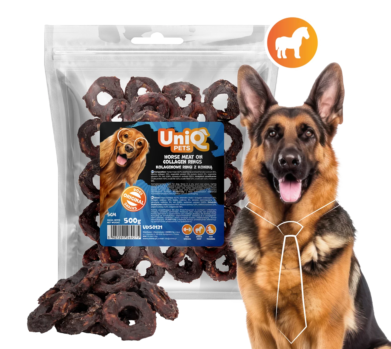 UNIQ PETS DOG SNACKS CHEWY 500g horse meat on collagen rings 5cm UDS0131 (1)