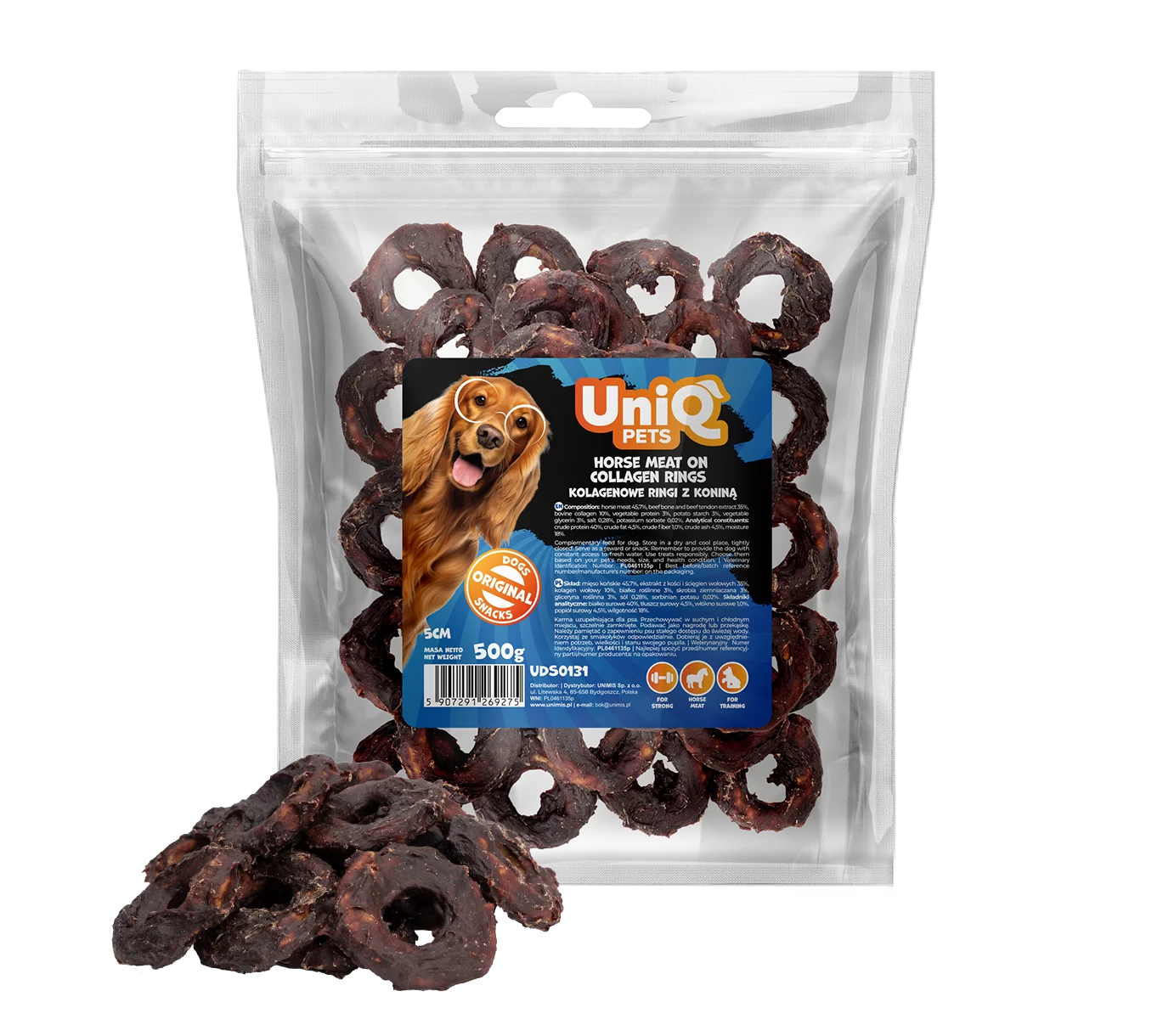 UNIQ PETS DOG SNACKS CHEWY 500g horse meat on collagen rings 5cm UDS0131 (2)