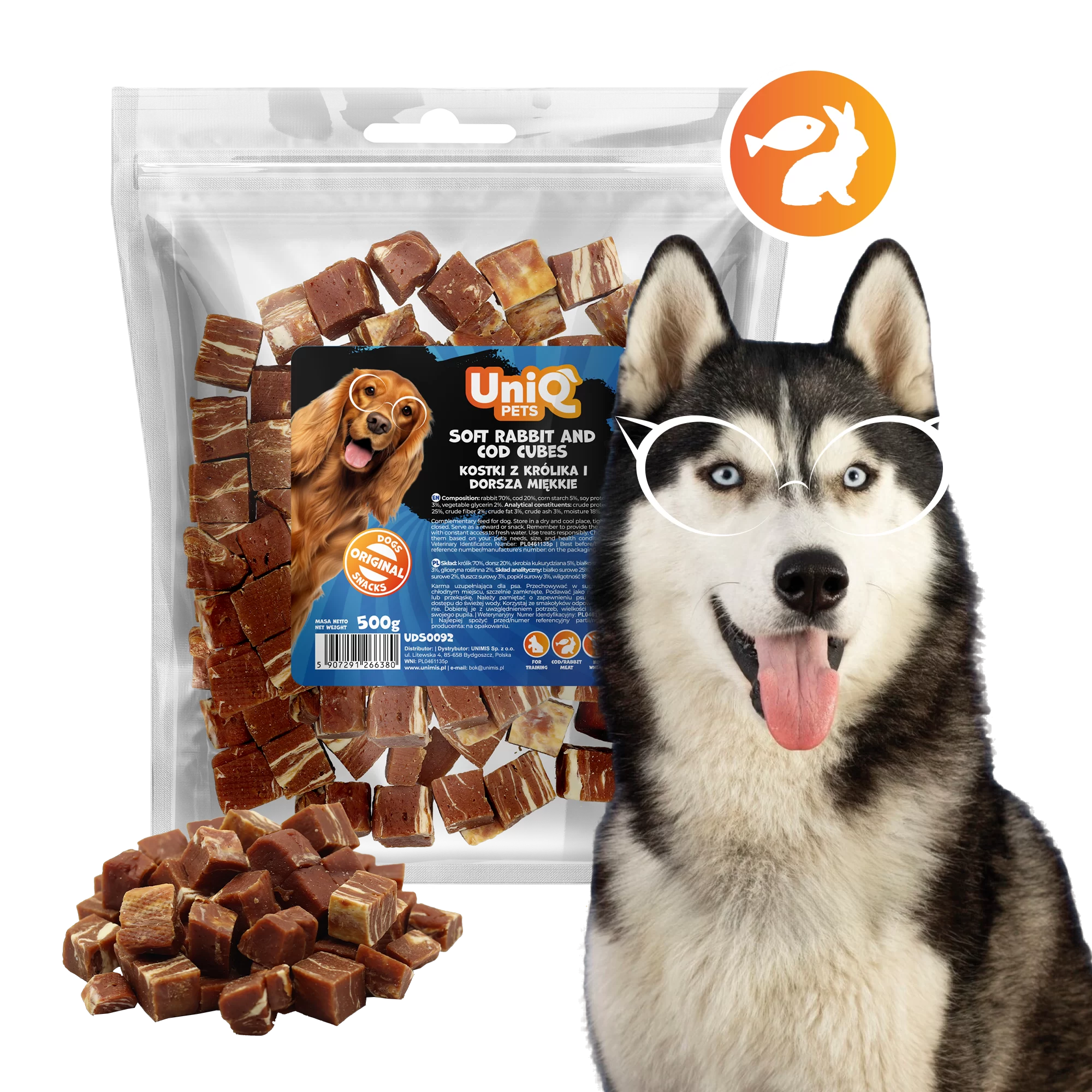 UNIQ PETS DOG SNACKS CHEWY 500g soft rabbit and cod cubes UDS0092 (2)