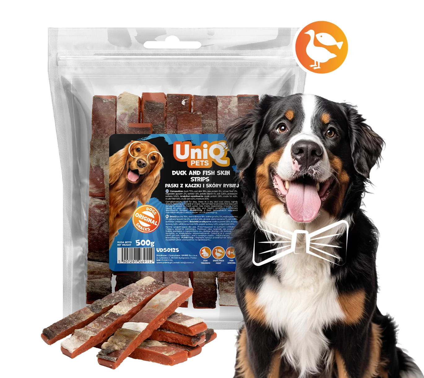UNIQ PETS DOG SNACKS MEATY 500g duck and fish skin strips UDS0125 (1)