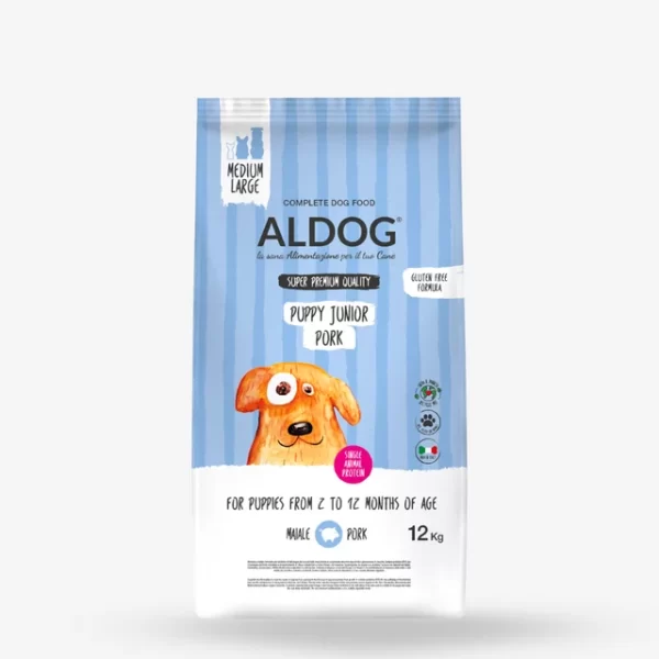ALDOG Puppy-Junior Pork sausas maistas šuniukams 12 kg + Dovana
